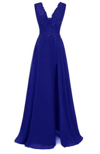 Robe de soirée longue raffinée en mousseline et fine dentelle marine