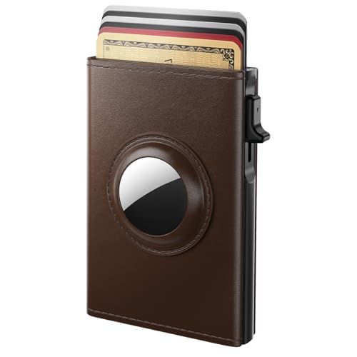 Image of typecase Mens Wallet Card Holder for AirTag: Leather Smart Wallet for Men Compatible with Apple Air Tag, RFID Blocking, Slim, Minimalist - 9-14 Card Capacity | ID Window | Cash Slot (Brown)