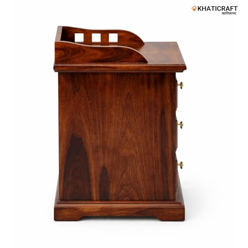 Image of Solid Sheesham Wood Kuber Bedside Table with 3 Drawer Storage for Bedroom Furniture | Wooden Bedside End Tables | Nightstand Side Table for Living Room, Home and Hotels (Honey Finish)