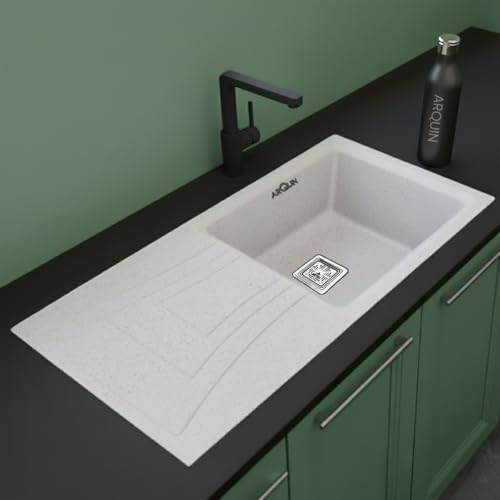 Image of ARQUIN Quartz Kitchen Sink with Drainboard 36x18x9 InchRosa Granite sink for kitchen b asin,UV Protected, Undermount | Topmount Including Coupling, Waste Pipe & Strainer Basket