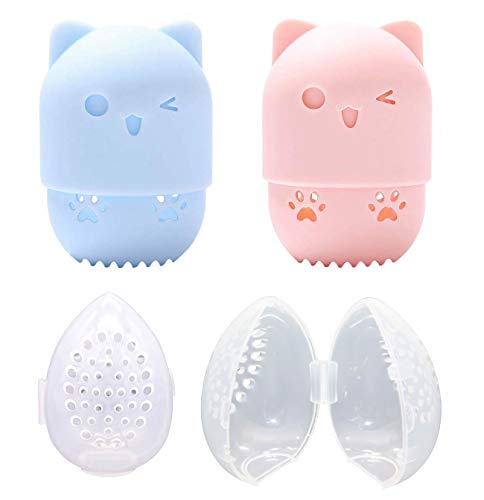 2 Breathable Silicone Makeup Sponge Travel Case/2 Protective Plastic Beauty Blender Holder, Pink/Blue