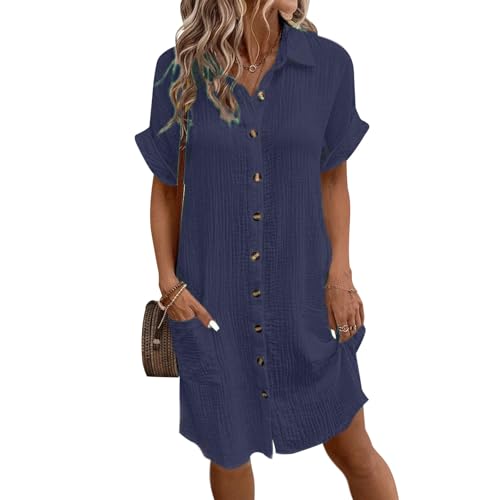 Womens 2025 Button Down Shirt Dresses Summer Casual Cotton Linen Dress Tunic Short Sleeve Midi Dress with Pockets