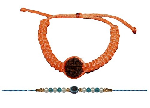 Handmade Rakhi Set of 2, Rudhaksha Rakhi and Evil Eye Rakhi, Rope Bracelet with Rudraksh Bead, Rakhi Gifts for Brother, Sister, Bhaiya, Bhabhi for Indian Rakhi Raksha Bandhan Festival (Orange + Blue) -  IS4A