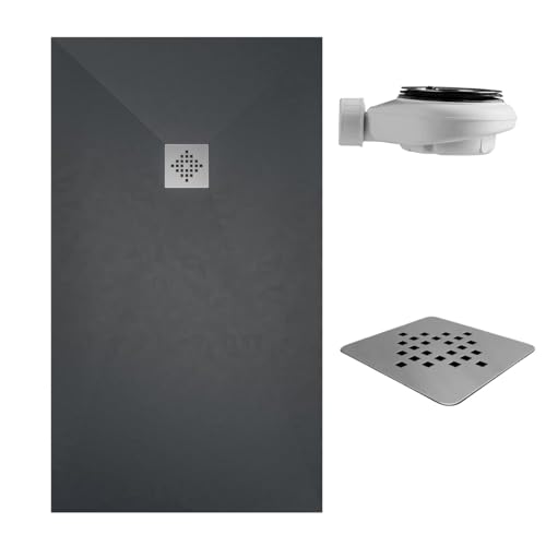 SOULBATH Receveur de Douche -Résine -Gel Coat -Texture Lisse/Pierre -Antidérapant -Couleur Anthracite - 110x90- Extra plat 3cm. Bonde de vidange incluse - Standard