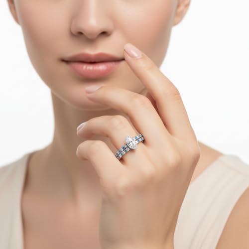 Image of Choose Your Gemstone Three Quarter Diamond CZ Gallery Bridal Ring Set 925 Sterling Silver Marquise Shape Wedding Ring Sets for WomenUS Size 4 to 12
