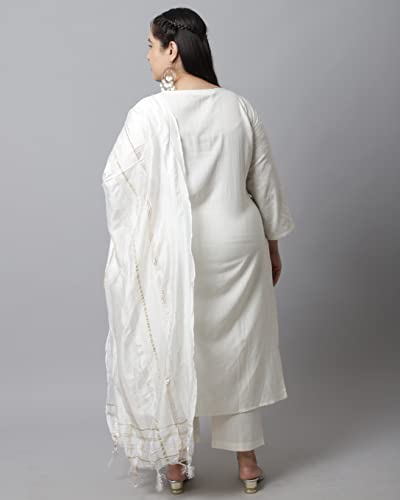 Image of Rajnandini Women's Pure Cambric Cotton Embroidered Plus Size Kurta Set With Dupatta (JOPLVL214X Off-White)