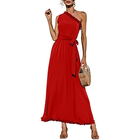 Memoriesea Women's Sleeveless One Shoulder Ruffle Trim Long Maxi Dress with Belt, Red, X-Large Cover