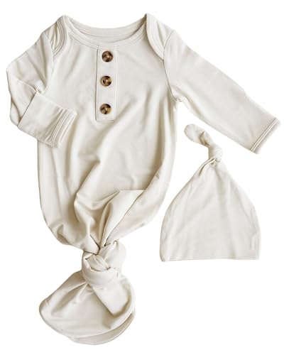 Image of Caden Lane Newborn Knotted Gown with Hat, Soft Bamboo Viscose Baby Sleep Sack, Unisex Infant Nightgown, Breathable Sleepwear