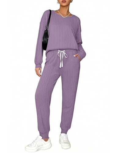 Ekouaer Conjunto de pijama de punto acanalado de 2 piezas a juego para mujer, conjunto de camiseta y pantalones de manga larga, tallas S-XXL, Gris Púrpura, S