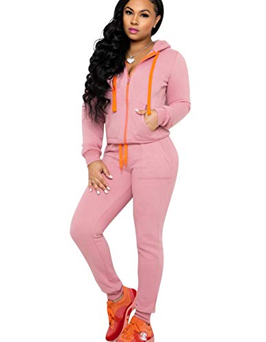 OLUOLIN Two Piece Outfits for Women Tracksuit - Zipper up Jackets Long Pants Bodycon Jogging Suit Sports Pink 2XL