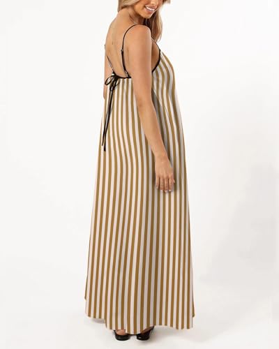 Image of Senllen Women's Linen Dress Summer Loose Flowy Sundress Contrast Spaghetti Strap Sleeveless Backless Beach Maxi Long Dresses