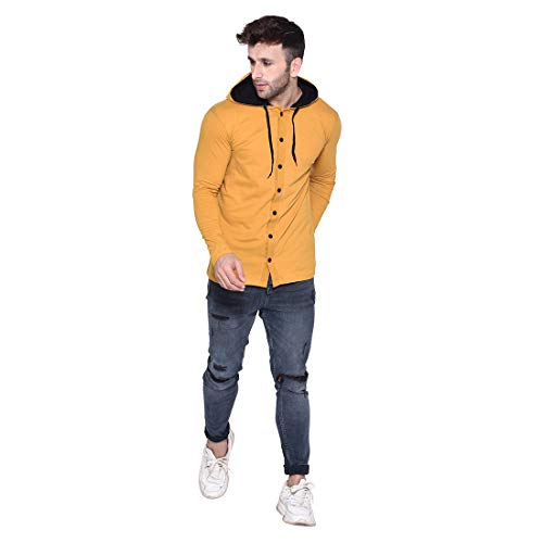 Image of Geum Men's Full Sleeve Hooded T-Shirt with Button-Down Front | Casual Slim Fit Cotton Shirt-Style Tee