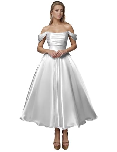 Off Shoulder Satin Wedding Dresses for Bride Tea Length A Line Prom Dresses Pleated Modest Cocktail Party Gown
