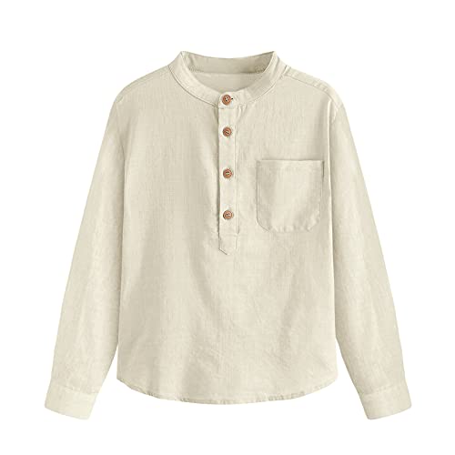 Inorin Boys Linen Shirt Button Up Henley Long Sleeve Dress Shirts Cotton Lightweight Tees Tops with One Pocket