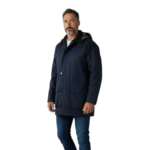 Image of Fashion Force Mens Countryman Padded Cotton Wax Hooded Jacket Top Hunting Fishing Farming (UK, Alpha, M, Regular, Regular, Navy)