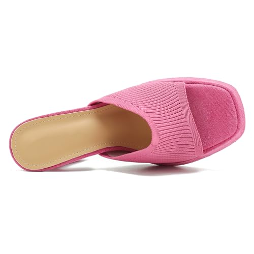 Image of Women's Knit Platform Mule Sandals, Square Toe, Block Heel Slip-On Slides, Chunky High Heel Summer Shoes