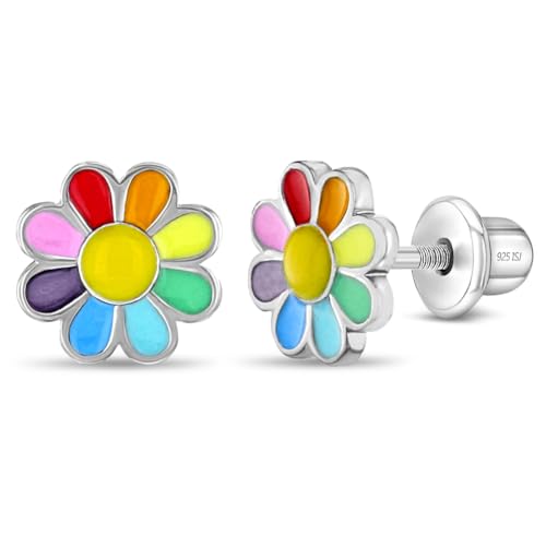 925 Sterling Silver Rainbow Enamel Daisy Flower Screw Back Earrings for Little Girls and Preteens - Vibrant Multicolored Petal Flower Earrings