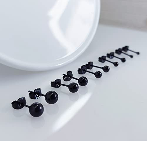 Silverline Jewelry Ball Earrings 5 Pair Set 316L Surgical Stainless Steel Round Ball Stud Earrings For Women Men Teen Girls Teen Boys, Black #TOP5
