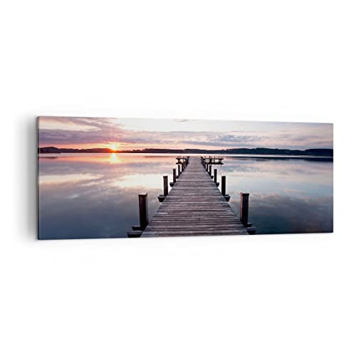 Lienzos decorativos Pasarela lago puesta de sol noche Cuadro Sobre Lienzo Moderno 140x50cm Cuadros Decoracion Salon Dormitorio Cuadros Pared Imágenes Grande XXL Wall Art Prints Decor AB140x50-2635