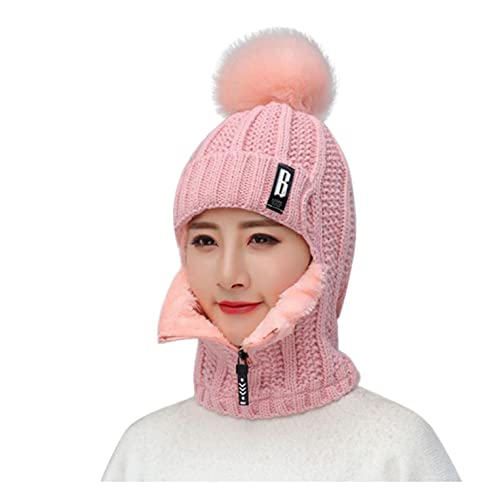 Zhiyao Beanie Strickmütze Hat Herren Damen Winter Mütze Bommelmütze Wintermütze warm gefüttert Ohrenschützer Hinzufügen Beflockung Thermal Radfahren mit Bommel-Mütze, Einheitsgröße, Rosa Cover