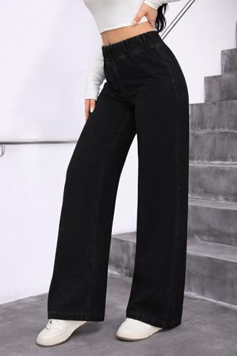 Image of ADBUCKS Women's Stretch Denim Wide Leg Jeans Comfort Fit with Elastic Waistband, Straight Cut, Casual Style for All Seasons, Versatile Clothing