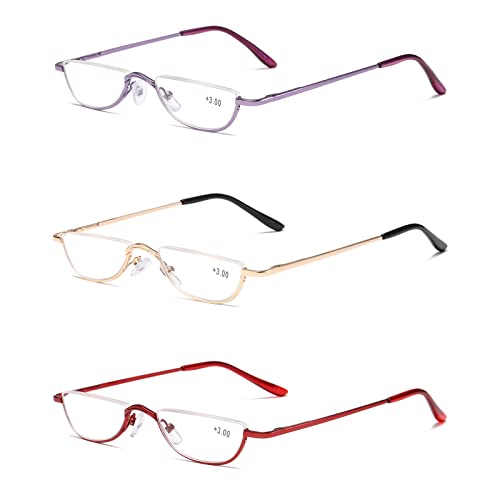 VISENG Half Frame Reading Glasses for Women Men Slim Half Moon Glasses 3 Pack + 2.5 Lenses 3 Pairs Purple Gold Red 2.5, 3 pairs: purple, gold and red, 2.5