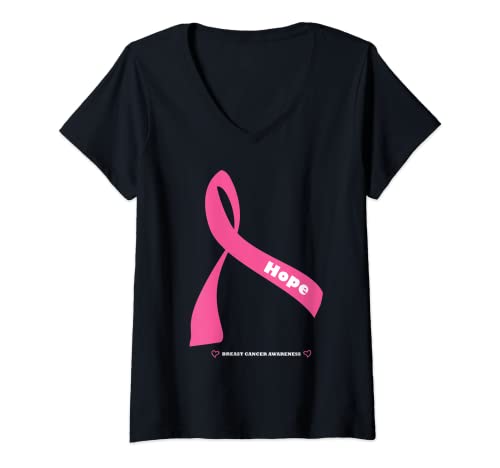 Mujer Cute Breast Cancer Pink Ribbon Awareness Camiseta Cuello V