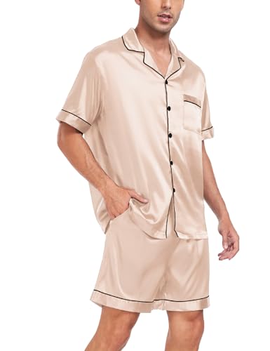 Image of SWOMOG Men Satin Silk Pajamas Sets Short Sleeve Sleepwear Button-Down PJs Sets Two-Pieces Loungewear with Pockets
