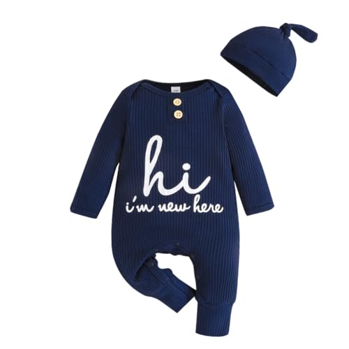 Image of Bafeicao Newborn Baby Boy Girl Romper Ribbed Long Sleeve Jumpsuit with Hat Infant Coming Home Outfit Clothes Set