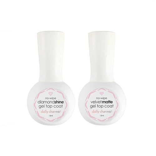 Daily Charme Diamond Shine & Velvet Matte Duo No-Wipe Top Coat Gel Nail Polish, Long Lasting, Matte Finish, Super Shiny, High Gloss, Soak Off, Home DIY & Professional Nail Salon