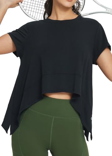 BALEAF Dam sport T-shirt V-ringad skjorta kortärmad topp löpartröja snabbtorkande fitness toppar yoga gym, Svart, M