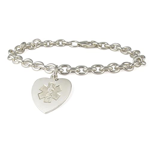 American Medical ID – Sterling Silver Heart Charm Embossed Medical ID Bracelet, for 5.5"- 8.5" wrist – 5 Lines of Custom Engraving2