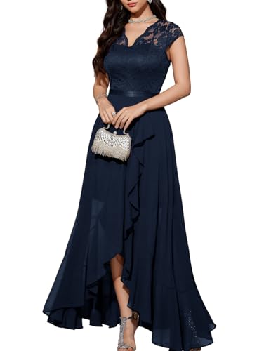 Bbonlinedress Abendkleid elegant für Hochzeit Spitzenkleid Chiffon Kleid Brautkleid Party Abschlusskleid lang Winter Ballkleid Navy L