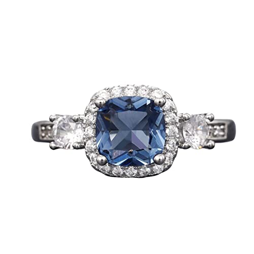 925 Sterling Silver Plated Cushion Cut Blue Cubic Zirconia CZ Halo Wedding Band Ring Engagement Ring for Women