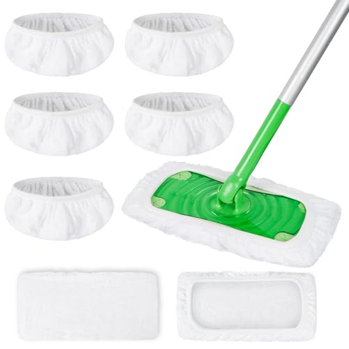 Paquete de 5 almohadillas reutilizables 100% algodón compatibles con mopa Swiffer, cubierta plana húmeda y seca, almohadillas lavables para limpieza de superficies/suelos de madera dura (mopa no