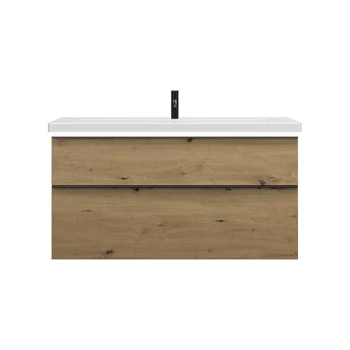 burgbad Eqio Keramik-Waschtisch inklusive Waschtischunterschrank mit LED-Beleuchtung, Breite 1230mm, SEZA123F5662C0001G0252, Farbe: Eiche Dekor Urban/Eiche Dekor Urban, Griffleiste Schwarz Matt