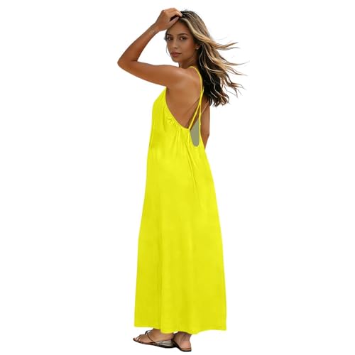 Robe de plage pour femme jaune à bretelles spaghetti et dos nu chic