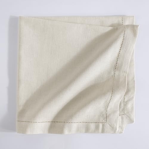 FINGERCRAFT Hemstitched Cotton Table Napkins – Set of 12, 20x20 Inch, 100% Cotton Cloth Napkins with Faggoting Stitching – Durable & Elegant for Parties, Hotels, Everyday Use (Ivory Flax)