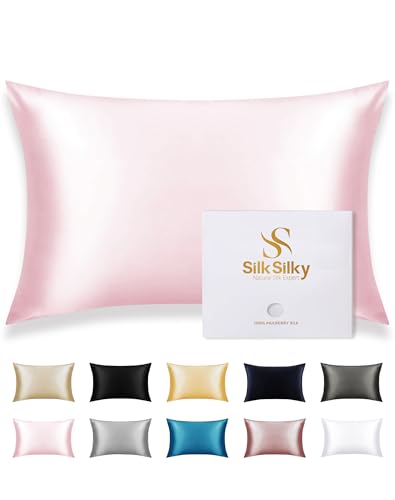 SilkSilky 100% Mulberry Silk Pillowcase - Pure 22 Momme High-Grade 6A Fibers for Hair & Skin, Envelope Closure, Natural, Organic, Breathable & Cooling Pillow Case (Standard, Pink)