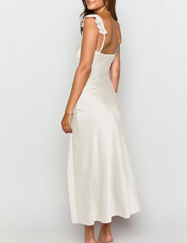 Summer Satin Lace Backless Spaghetti Strap Maxi Dress for Wedding Guest Silk Sleeveless V Neck Slit Ruffled Dress for Women2