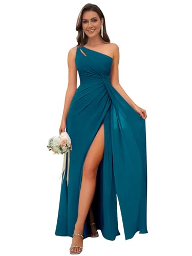 Image of OFEECHUN Women's Chiffon One Shoulder Bridesmaid Dresses Long Pleated Formal Evening Gowns with Slit