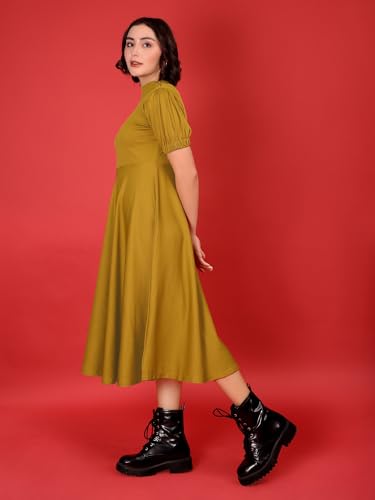 Image of PURVAJA Women's Fit & Flare Knee Length Short Sleeve Turtle Neck Solid Dress