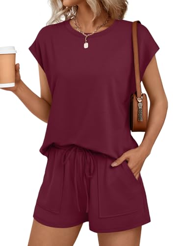 Image of AUTOMET Womens Crew Neck Two Piece Short Sets Cap Sleeve Drawstring Summer Sweatsuit with Pocket