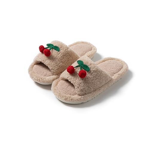 Cute Cherry Design Fluffy Warm Fuzzy Slippers Comfy Autumn Winter Indoor Outdoor Slippers