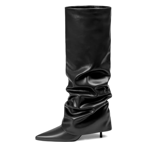 Womens Knee High Boots, Fold Over Shark Boots Stiletto Heels Slouchy Long Boot Pointed Toe Thigh High Dress Shoes Sexy Fashion Tall Boot for Women with Zipper