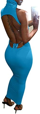 XLLAIS Sexy Maxi Dresses for Women Summer High Neck Bodycon Partywear Backless Sundress Blue Small