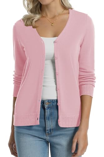 Image of QUALFORT Women's 100% Cotton Lightweight Cardigans Long Sleeve Knitted Button Down Sweater