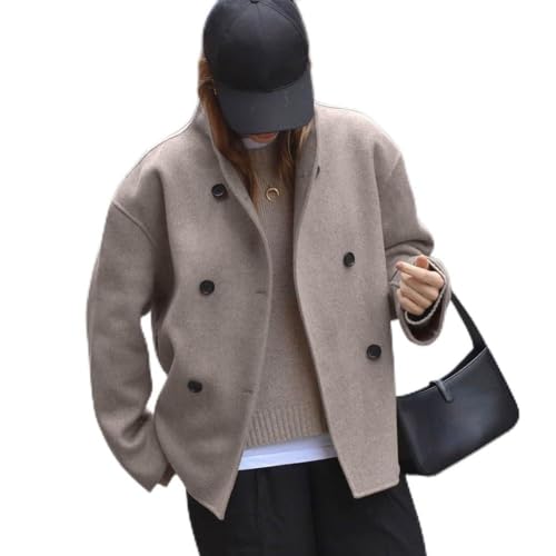Kurzer Wollmantel für Damen, für Herbst und Winter, stilvolles zweireihiges Design mit Verwendung (M Khaki)