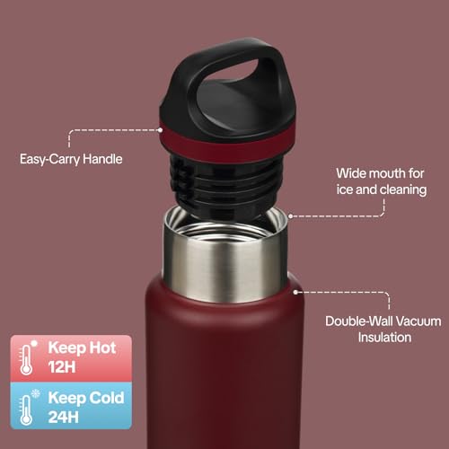 Image of BJPKPK Insulated Water Bottle 18OZ Stainless Steel Water Bottle with Handle Double Walls Vacuum Insulated BPA Free Flask, Deep Red