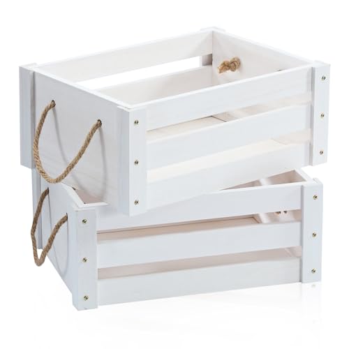 ROSOS Wooden Crates, Farmhouse Wood Crates for Storage with Rope